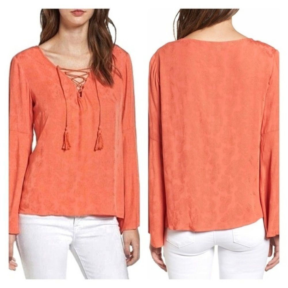 Cupcakes & Cashmere | Jett Lace-Up Paisley Jacquard Bell Sleeve Top | M